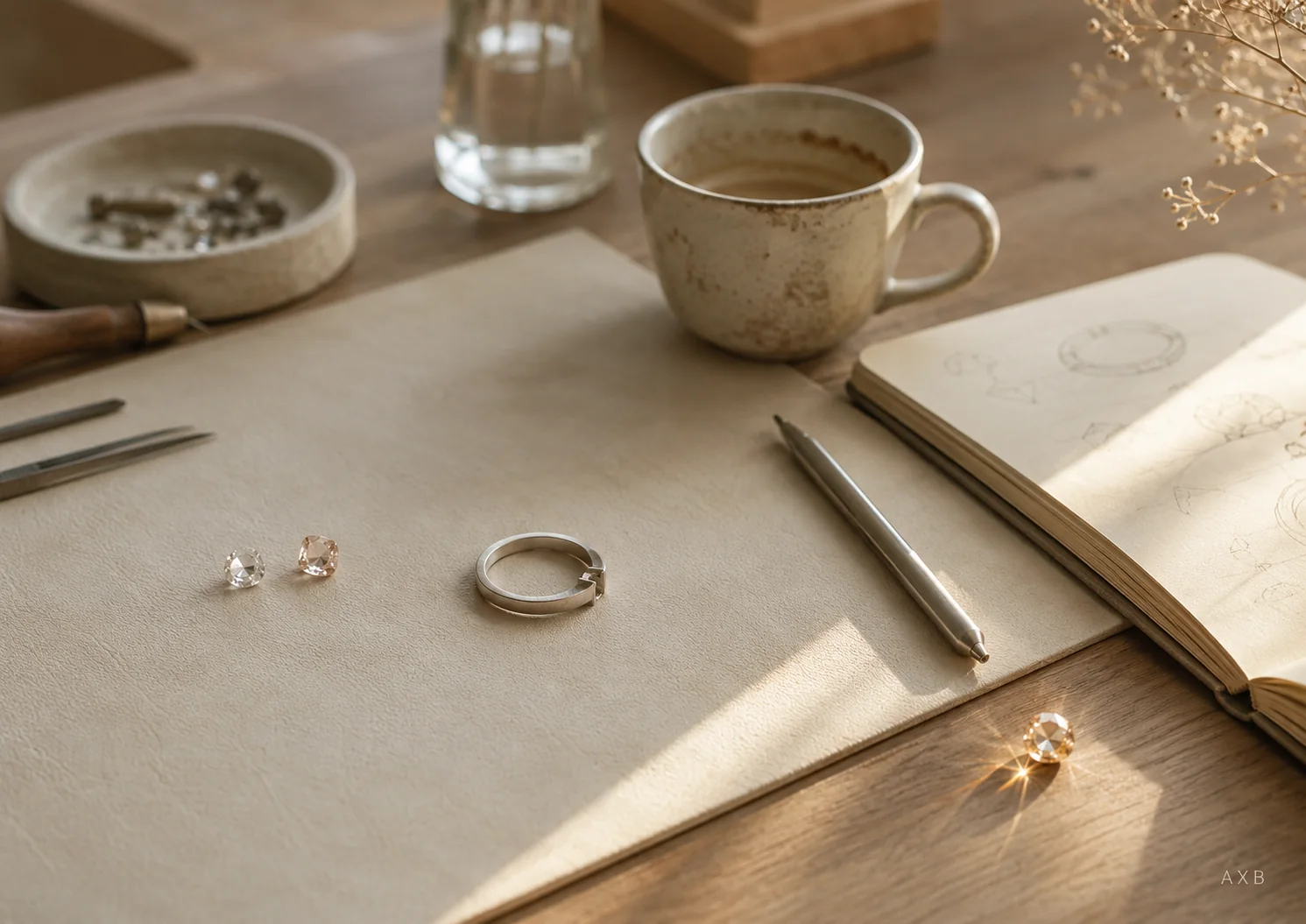 宝石とリングを並べたジュエリー制作の机